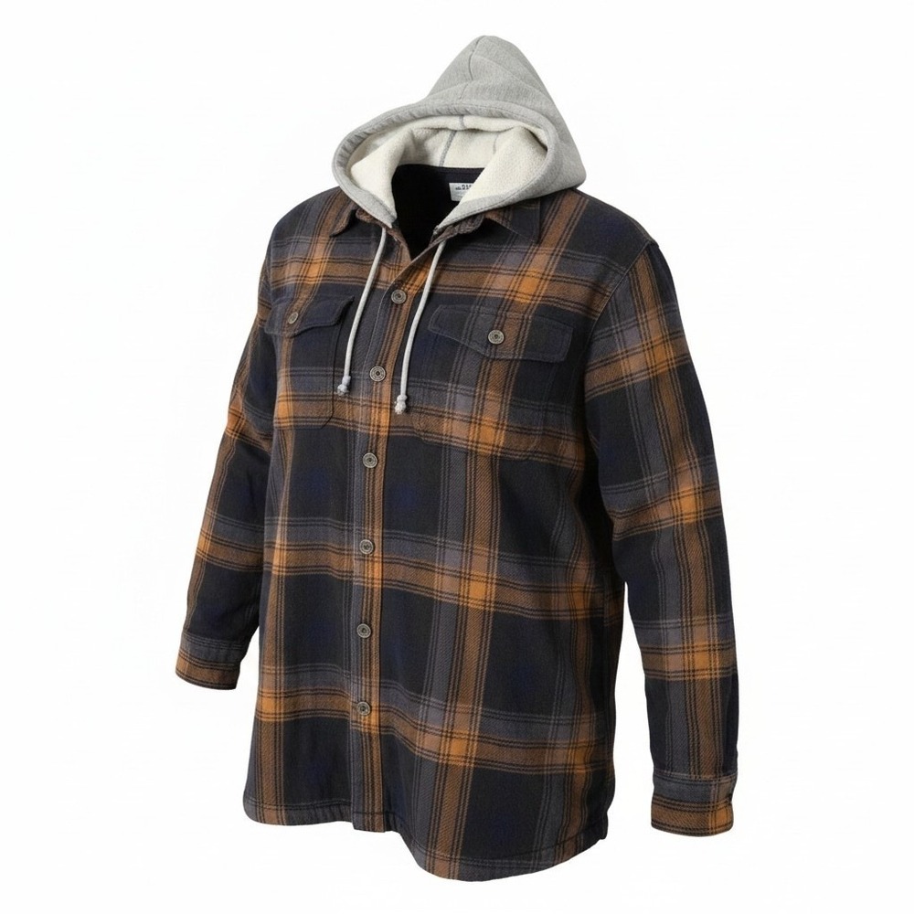 Duluth Trading Co‎ Flannel Shirt Jacket Mens L Brown Plaid Fleece Lined Hooded